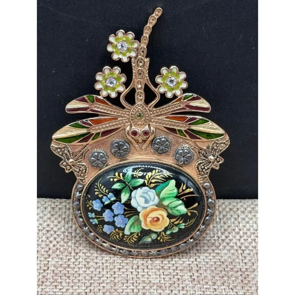 Unique Estate Amy Kahn Russell Bronze Dragonfly Floral Large Pin Pendant